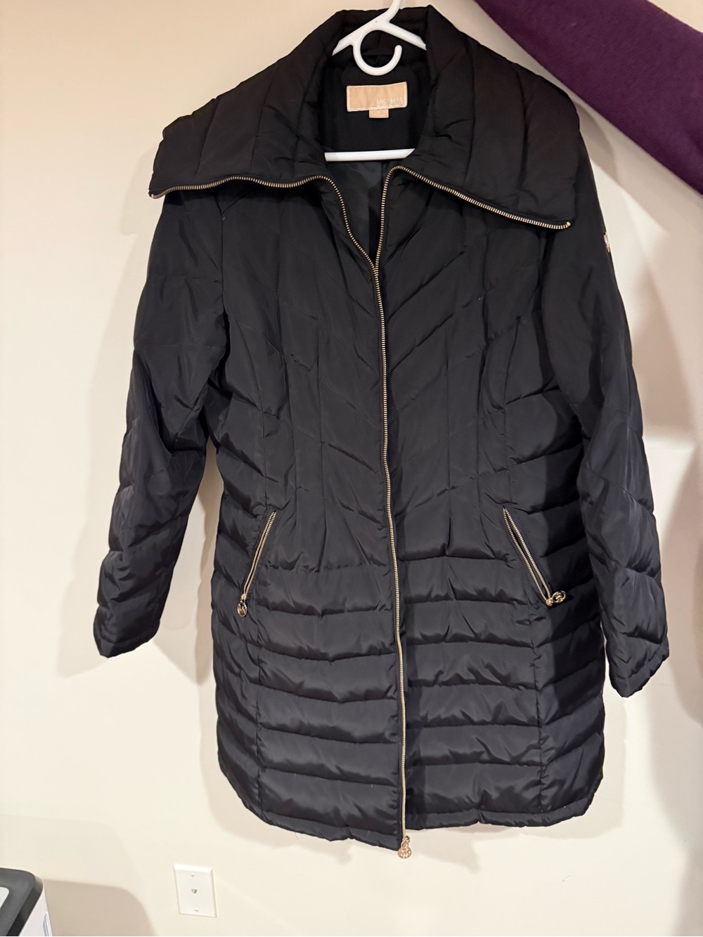 MICHAEL Michael Kors Black Quilted Long Puffer Coat with Gold Zippers